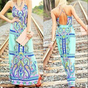 Aina Be Green Purple Bohemian Gypsy Open Back Side Slit V-Neck Maxi Dress Size M